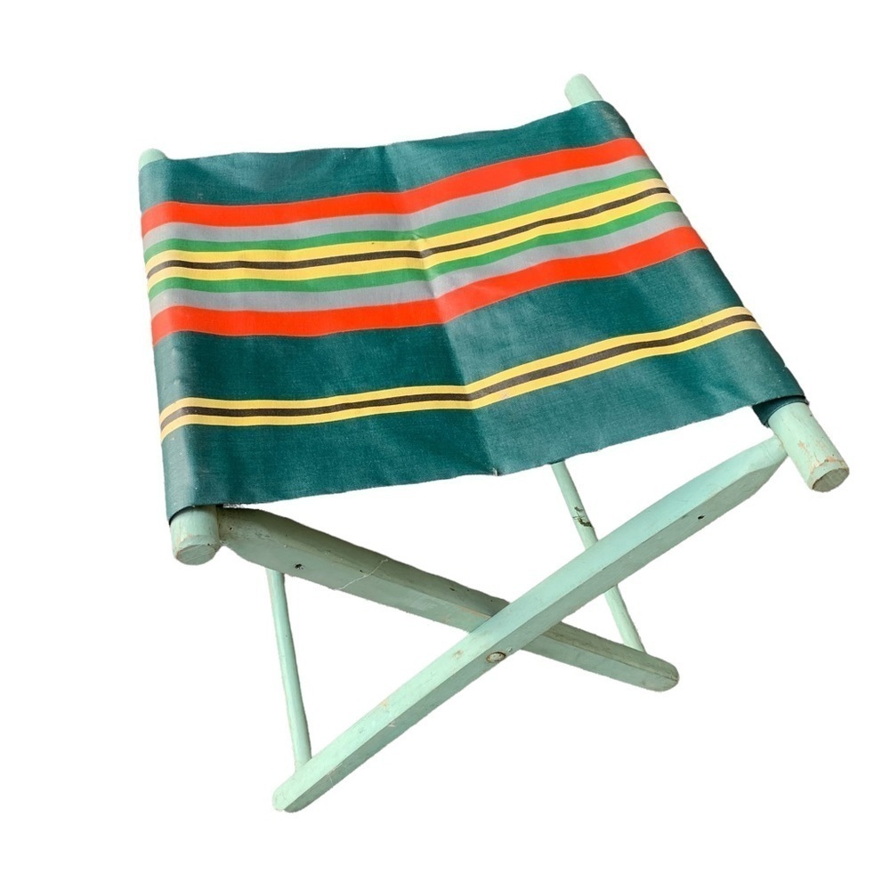 Striped Adirondack Vintage Folding Camp Stool - Picture 2 of 7